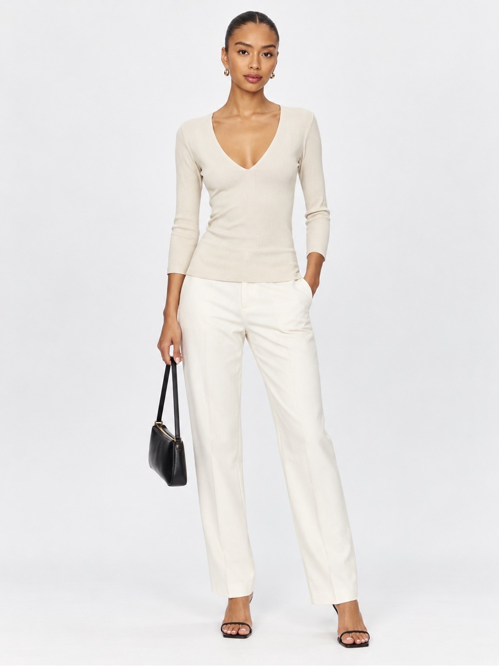 House of Harlow 1960 All Day Contour V-Neck Ribbed Top Cream S